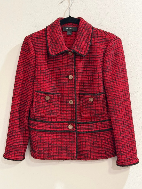 St. John Jackets & Blazers - St. John Black Label Size 6 Red Black Tweed Knit Blazer Jacket USA Old Money